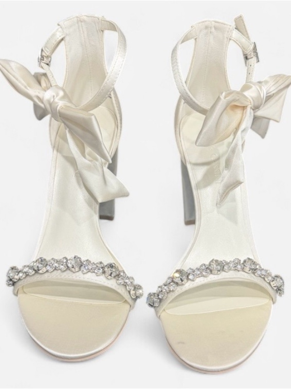 Oleg Cassini Ivory Satin Crystal-Embellished Ankle-Tie Block Heels